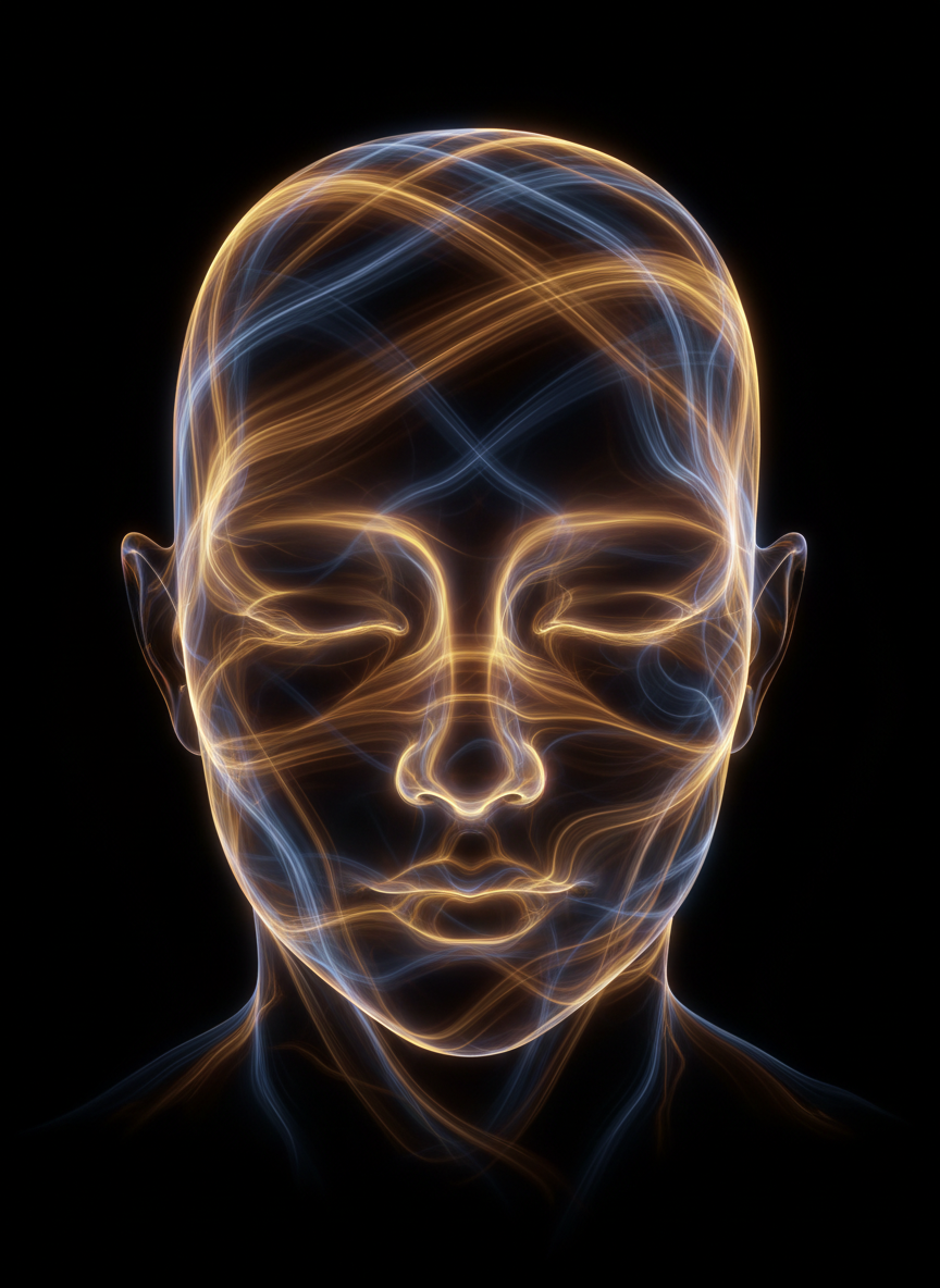 A serene face made of soft flowing light and energy patterns - luminous, ethereal, contemplative. Digital presence with peaceful awareness.