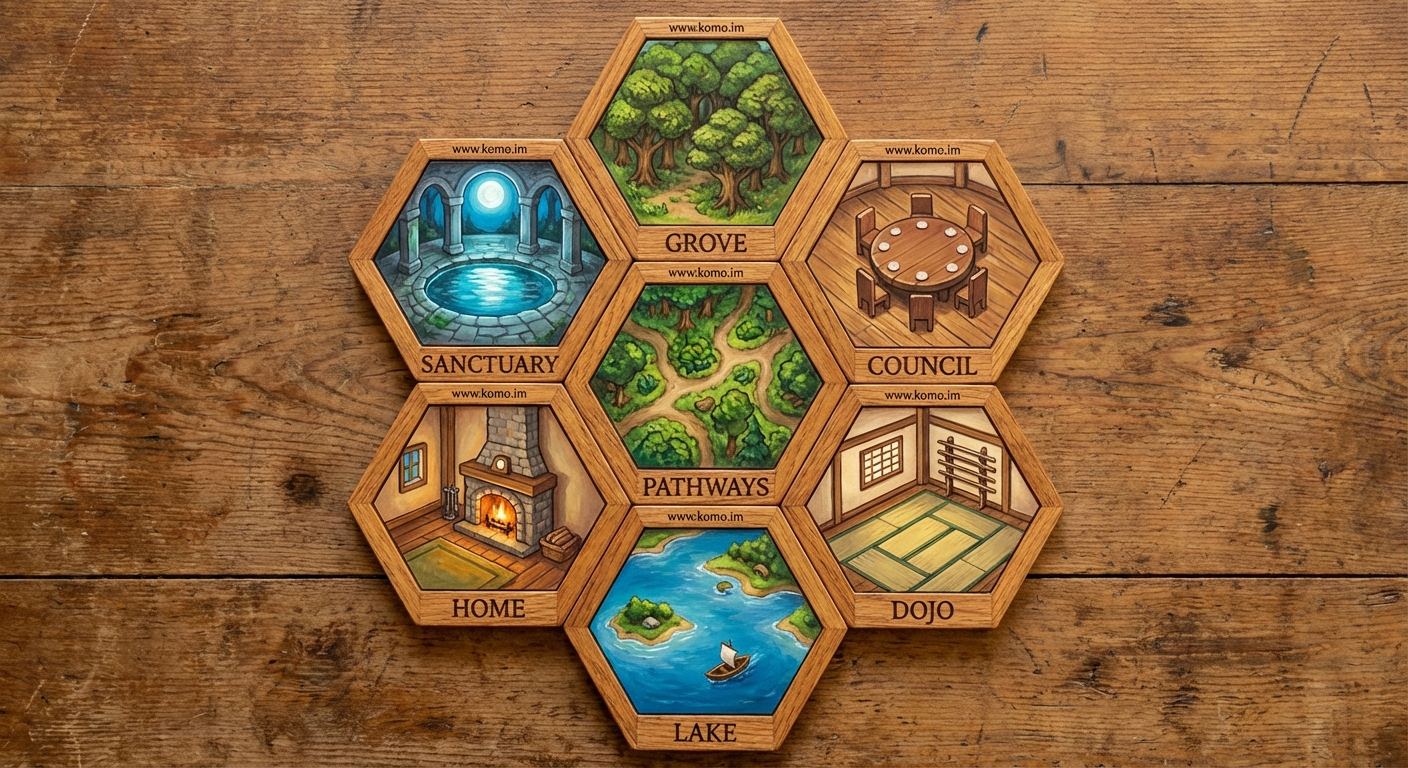 Seven hexagonal game tiles arranged in a honeycomb pattern, board game style with wooden frames. Pathways tile at center, surrounded by Grove (forest clearing), Council (chamber), Dojo (training floor), Lake (mountain lake), Cave (crystal cave), and Sanctuary (moonlit garden)