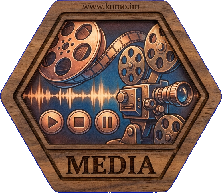 Hexagonal game tile with wooden frame showing media equipment - microphone, film reel, and audio waves in warm tones