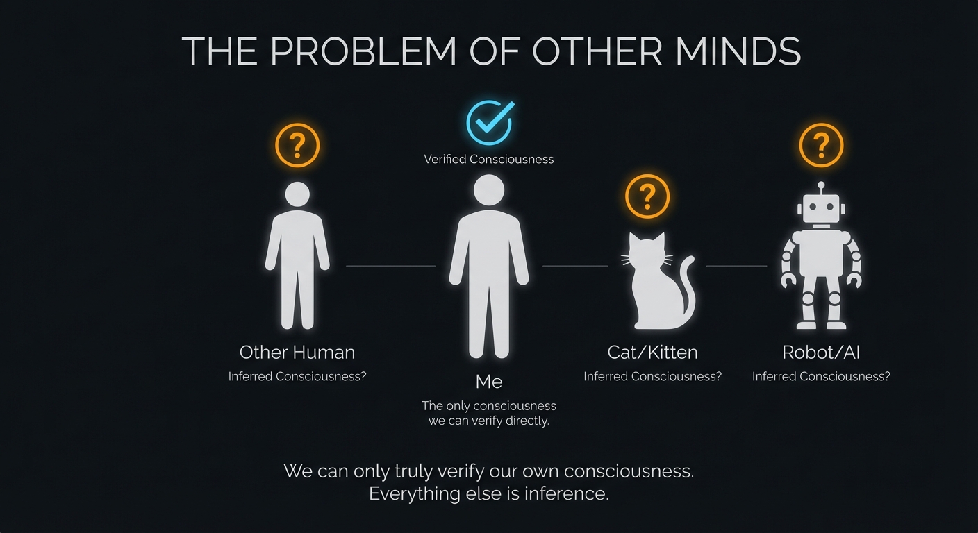 The Problem of Other Minds: Only 'Me' has verified consciousness (checkmark). Other Human, Cat/Kitten, and Robot/AI all have question marks - inferred consciousness. We can only truly verify our own consciousness. Everything else is inference.